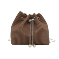 Brown woven bucket bag with silver chain strap and elegant pearl charm accents - Brown