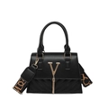 Elegant black crossbody bag with golden V-logo tassel and stylish jacquard strap - Black