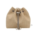 Beige woven straw bucket bag with silver chain drawstring and pearl accents on white background - Khaki