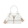 White faux leather crossbody bag with gold V logo and patterned wide shoulder strap - White