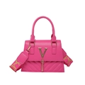 Fashionable rose pink underarm bag with gold V-logo, metal fringe and wide print strap - Rose Red
