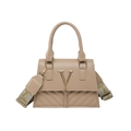 Khaki crossbody bag with gold V logo, quilted texture and wide jacquard shoulder strap - Khaki