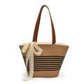 Natural straw tote bag with black stripes, brown leather handles and a lace bow - Style One With Scarf