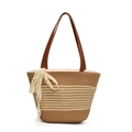 Brown and beige striped straw tote bag with brown leather handles and white lace bow - Style Two With Scarf