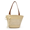 Summer woven straw tote bag with brown faux leather straps and white lace bow detail - Style Four With Scarf