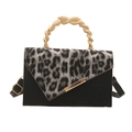 Fashionable leopard print flap bag with golden snake-shaped metal handle and black strap - Black