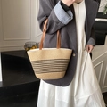 Straw tote bag with black stripes and brown leather handles for vacation style - Style One No Scarf