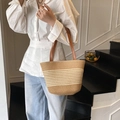 Fashionable straw tote bag with brown leather straps and chic striped weaving texture - Style Two No Scarf