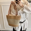 Brown straw tote bag with black wavy stripes and leather handle for summer vacation - Style Three No Scarf