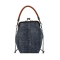 Pochette rétro en denim bleu foncé avec paillettes, fermoir métal et poignée cuir - Bleu foncé