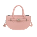 Pink crescent shoulder bag with silver turn-lock and adjustable strap on white background - Pink