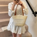 Beige straw woven tote bag with hollow lattice design and brown leather straps - Style Four No Scarf