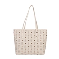 Grande borsa tote in ecopelle color crema con motivi a orsetto e rombi marroni - Bianco