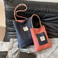 Summer denim tote bag with red gingham check pattern and colorful woven shoulder straps - Large