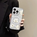 Detail of transparent iPhone case with white dried flowers, gold foil, and MagSafe ring - Real Flower-White / 7/8/SE 2020