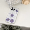 Detail of transparent MagSafe case with embedded purple flowers and gold foil accents - Real Flower-Purple / 7/8/SE 2020