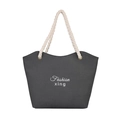 Dunkelgraue Segeltuch-Stroh-Tote-Tasche mit weißen Baumwollseilen und Fashion-Stickerei - Schwarz