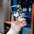 Detailed view of clear iPhone case featuring 3D pearls and butterfly decorations - Pearl White Butterfly Glitter / iPhone 7/8/SE 2020