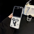 Silver foil Samsung Z Flip5 case with large metallic bow and glitter finish - Frosted Hard Shell Silver Foil Drop Glue Silver Bead Dear Butterfly Bow / Samsung ZFlip3