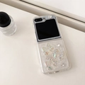 Clear phone case for Samsung Z Flip6 featuring iridescent 3D bows and rhinestones - Matte Hard Case - White Glitter Glue - Laser Bowknot / Samsung ZFold3