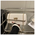 Close-up of white minimalist baguette bag with gold metal clasp and chain strap - White