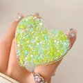 Green heart glitter phone grip holder with sparkling sequins on a clear resin base - Grass Green