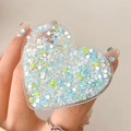 Collapsible heart shaped phone grip with colorful sequins and glitter inside - Raindrop Blue