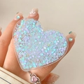 Purple glitter heart collapsible phone grip stand with holographic sequins for smartphones - Purple Green