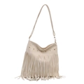 Beige Quasten-Beuteltasche aus weichem Kunstleder mit Metallösen und schmalem Gurt - Weiß