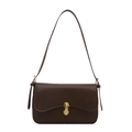 Minimalist dark brown baguette shoulder bag with golden gourd clasp on white background - Brown