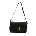 Minimalist black leather shoulder bag with gold oval clasp and long strap - Black