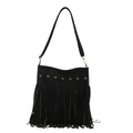 Schwarze Boho-Schultertasche aus Wildleder mit goldenen Ösen und langen Fransen - Schwarz