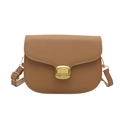 Minimalist camel saddle bag in smooth leather with elegant gold buckle on white background - Khaki