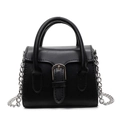 Mini black matte leather handbag with silver chain strap and front buckle detail - Black