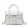 Elegant white square handbag with silver metal chain strap and leather buckle decoration - White