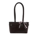 Large dark brown shiny leather shoulder bag with a stylish ribbon bow on white background - Dark Brown