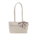Chic cream white tote bag with metal buckle strap and elegant double bow charm detail - White