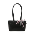 Black leather small tote bag with pink checkered bow and slim shoulder straps - Black