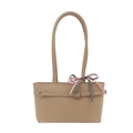 Beige faux leather handbag with elegant plaid bow and metal buckle on white background - Khaki