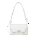 Minimalist beige leather baguette bag with golden buckle and knotted shoulder strap - White