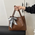 Brown woven tote bag with a decorative Paris ribbon handle for daily commuting - Brown
