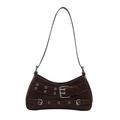 Deep brown faux leather baguette bag with silver buckles and retro punk design - Brown