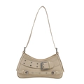 Chic beige underarm bag with vintage metal buckles and eyelet straps in retro style - Khaki