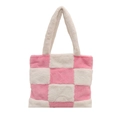 Borsa tote in peluche a scacchi rosa e bianchi con morbida trama in finta pelliccia - Rosa