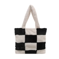 Borsa tote in soffice pelliccia sintetica a scacchi bianchi e neri stile casual - Nero