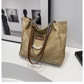 Khaki canvas draagtas met bruine lederen handvatten, zilveren ketting en parels - Standaardtype / Khaki