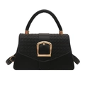 Classic black trapezoid handbag with woven flap texture and gold horseshoe buckle - Black