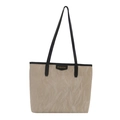 Retro champagne pleated tote bag with black straps and fashion tag for women - Khaki