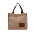 Retro khaki corduroy tote bag with dark coffee straps and fashion leather label - Khaki