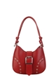 Retro rote Baguette-Tasche mit silbernen Ösen und breitem Schnallenriemen - Rot